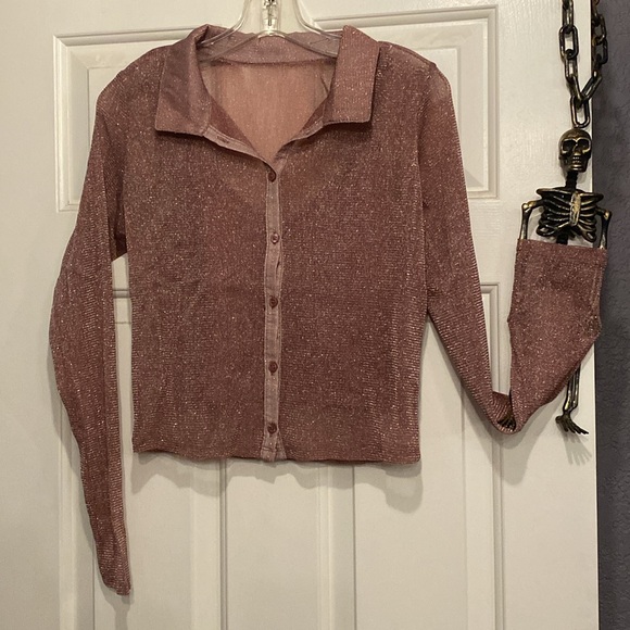HOLLISTER - top & tank: taupe metallic sheer button down l/s w detach. tank - L - Picture 8 of 16